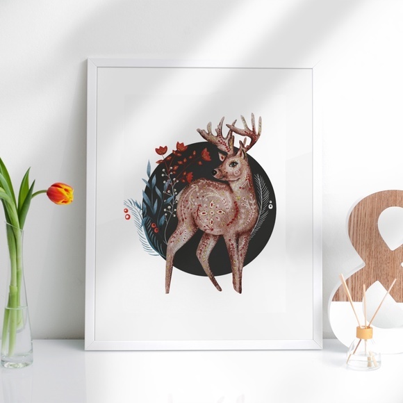 Wall Art Floral Deer Portrait Illustration Print Unframed - Picture 3 of 5